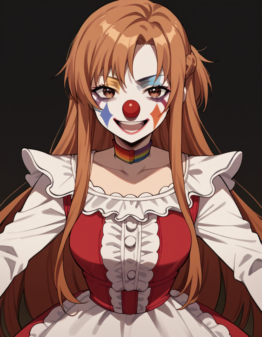 score_9, score_8_up, score_7_up, source_anime, asunayuuki, <lora:asuna-yuuki-s1-ponyxl-lora-nochekaiser:1>, asuna yuuki, long hair, brown hair, brown eyes, medium breasts,, <lora:clown-ponyxl-lora-nochekaiser:1>, clown, makeup, clown nose, facepaint, gloves, long sleeves, frills, dress,, smile, open mouth, smug,, cowboy shot