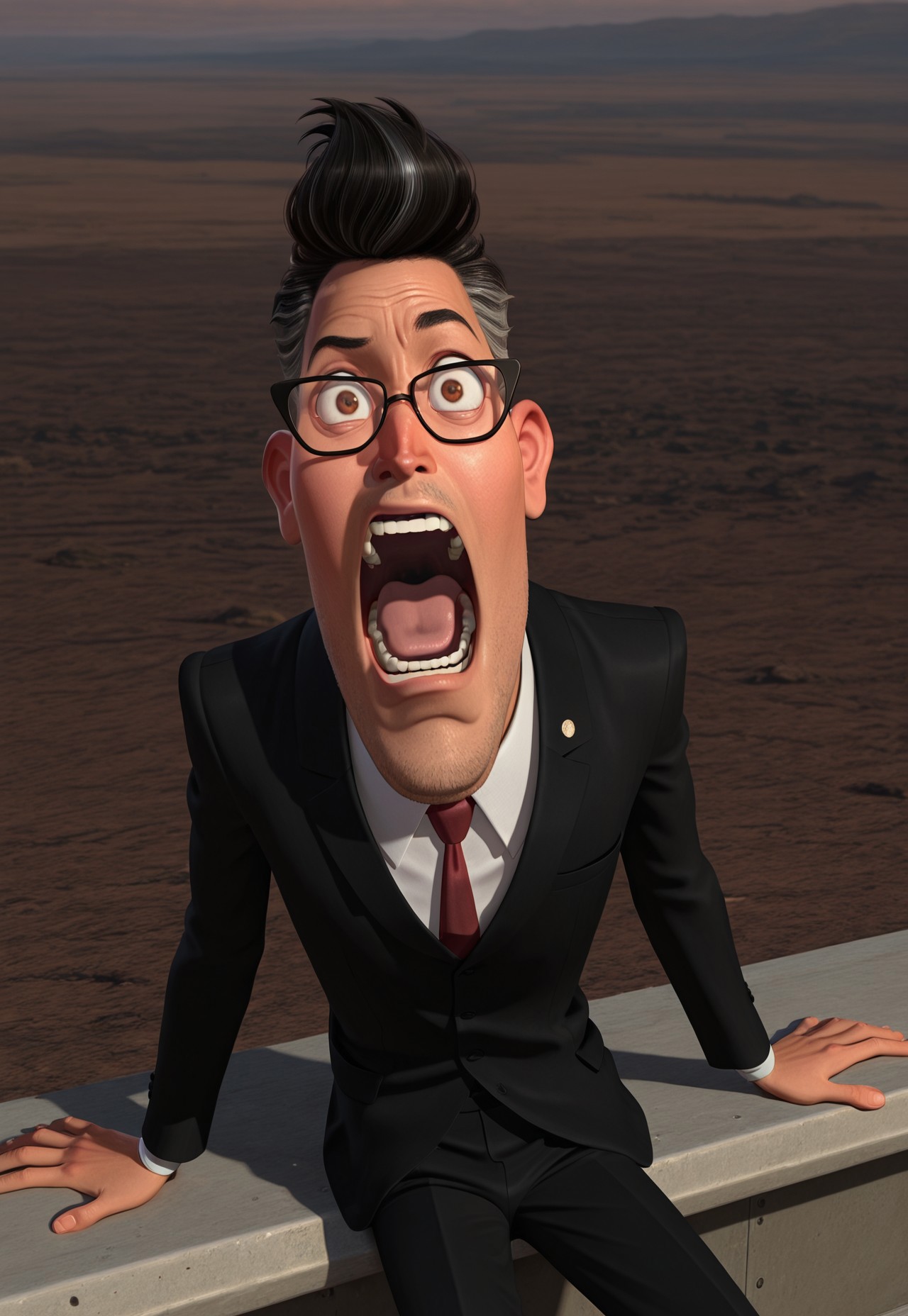 masterpiece, best quality, amazing quality, detailed background, intricate details, dynamic, cinematic, animated, anime realistic shading, solo, male focus, 1boy, handsome, h4thaway, dark hair, two-tone hair, pompadour, brown eyes, glasses, facial hair, stubble, black tuxedo, white shirt, red necktie, lapel pin, black pants, black shoes, horror background, sitting, screaming, spooked, wide eyes, open mouth, side eye
