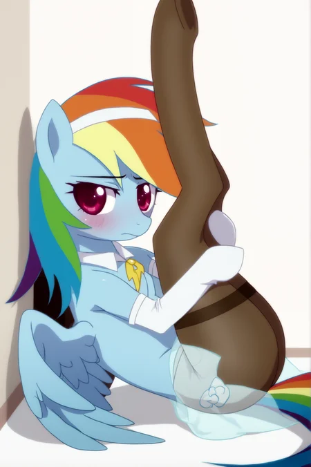 (source_pony, feral, rainbow dash:1.5), 1girl,solo,klaudiaryza1base,braid,medium breasts,sexually_suggestive,(three quarter view:1.5),from side,looking at viewer,blush,shy,(leg grab:1.3),see-through,ass,thighs,lying,on back,legs up,hairband,hair ribbon,klaudiadefshirt,klaudiadefskirt,white capelet,detached collar,choker,bare shoulders,elbow gloves,thighband pantyhose,brown pantyhose <lora:sdxl_lightning_4step_lora.safetensors:1.0>,