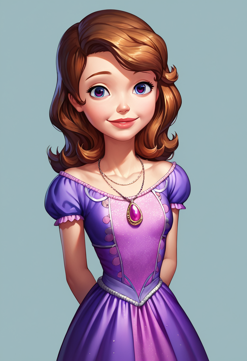 score_9, score_8_up, score_7_up, score_6_up, 1girl, solo, sofia_the_first, purple dress, necklace, detailed eyes, perfect eyes, beautiful eyes, standing, arms behind back, posing, light smile, simple background, dynamic angle, looking at viewer