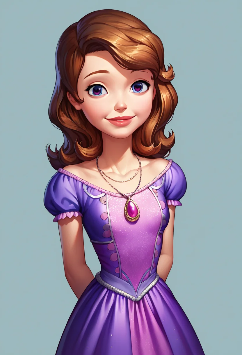 score_9, score_8_up, score_7_up, score_6_up, 1girl, solo, sofia_the_first, purple dress, necklace, detailed eyes, perfect eyes, beautiful eyes, standing, arms behind back, posing, light smile, simple background, dynamic angle, looking at viewer