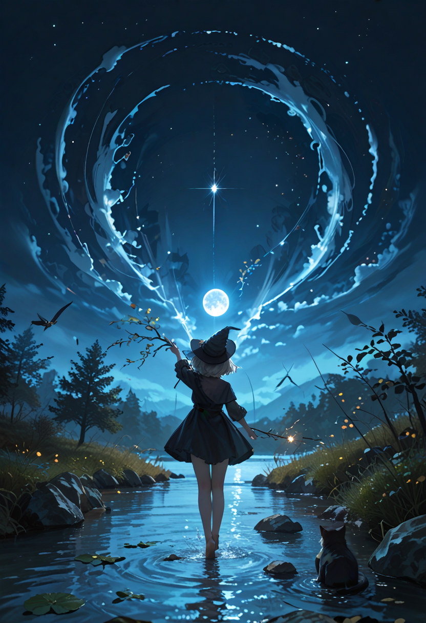 score_9, score_8_up, score_7_up, lvthn, a witch girl, witch hat, wind_lift, back, night_sky with shooting_star, standing on river, head up, collision, moonlight, lift head, holding a branch, black cat, <lora:p-skin:1> <lora:sdxl_lightning_8step_lora:1> <lora:LVTHN:1,0,0,0,0,0,0,1,0,0,0,0>