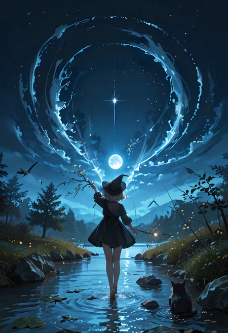score_9, score_8_up, score_7_up, lvthn, a witch girl, witch hat, wind_lift, back, night_sky with shooting_star, standing on river, head up, collision, moonlight, lift head, holding a branch, black cat, <lora:p-skin:1> <lora:sdxl_lightning_8step_lora:1> <lora:LVTHN:1,0,0,0,0,0,0,1,0,0,0,0>