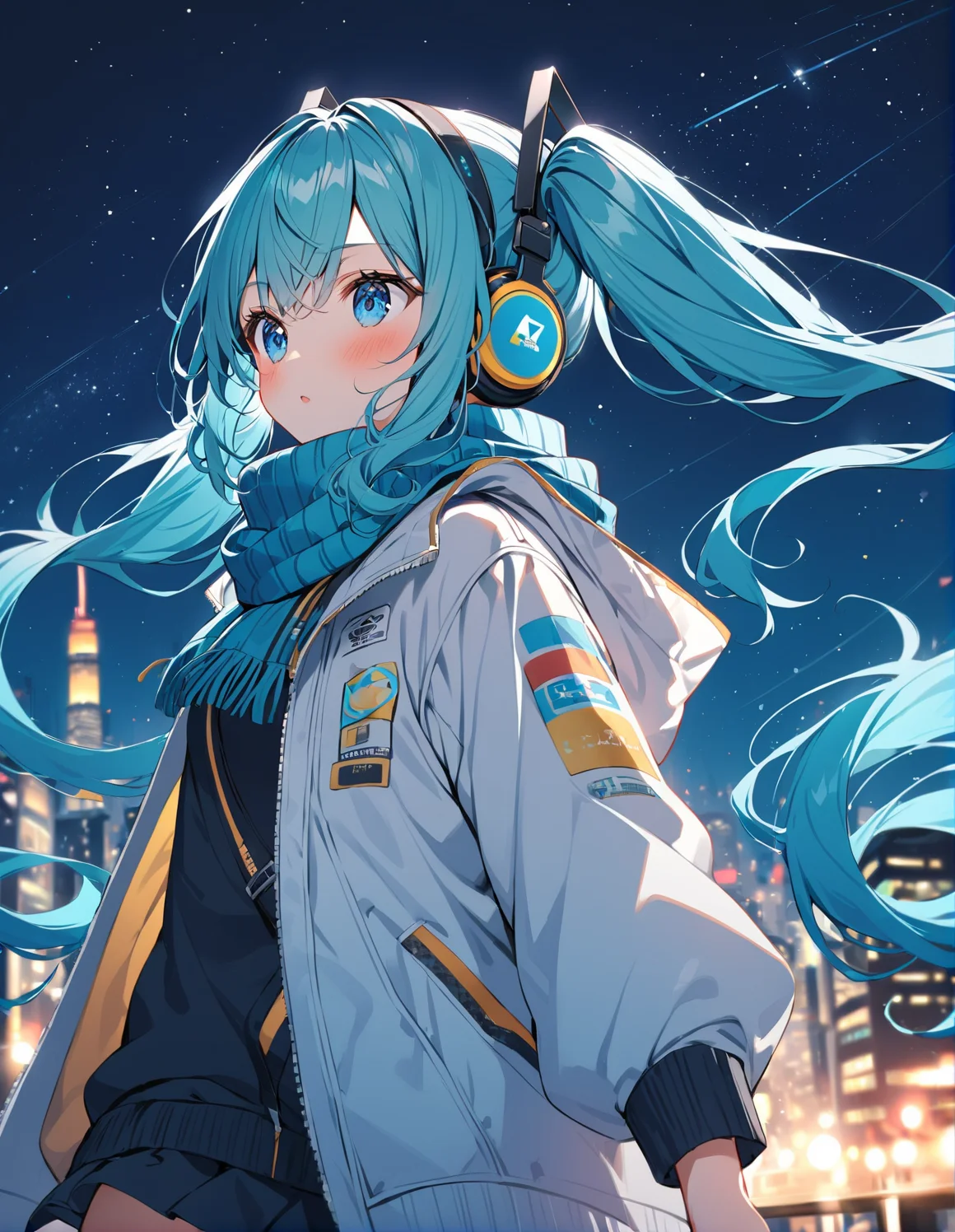 1girl,city,headphones,jacket,looking_to_the_side,night,night_sky,scarf,solo,star_(sky),white_jacket,blue_eyes,twintails,very long hair,aqua hair,blush,<lora:Hatsune_Miku_for_SDXL_V1.0:1>,<lora:Difference_3d2:1>,