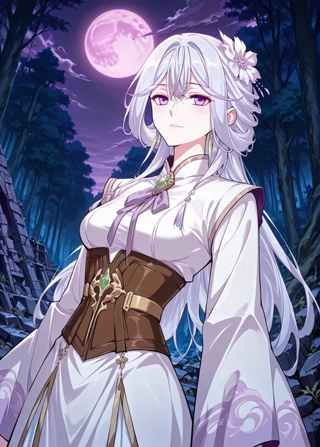 <lora:Chu_Qingcheng__Demon_Emperor__Illustrious:1>
1 girl, solo, long hair, white hair, layered hairstyle, side-swept bangs, flower hair ornament, hair flower, purple eyes,
chinese clothes, white long dress, gold-trimmed dress, brown corset, emerald gem, gem brooch, front bow, long sleeves
score_9, score_8_up, score_7_up, very aesthetic, source_anime, detailed, high quality, beautiful, masterpiece, detailed eyes, forest, tree, ruins, cowboy shot, dynamic angle, upper body, light smile, dynamic pose, night, purple moon, <lora:iLLMythG0thicL1nes:1>