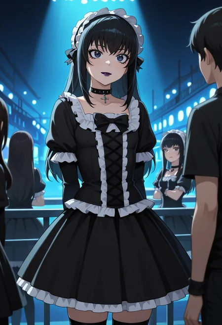 masterpiece, best quality, amazing quality, high detail, absurdres,  kei yuuki, yuuki kei, \(moyashimon\), black hair, dark blue eyes, goth, gothic fashion, black eyeliner, dark purple lipstick, otoko no ko, 1boy, long hair, lipstick, crossdressing, makeup,, cinematic lighting, chiaroscuro, depth of field, nightclub,