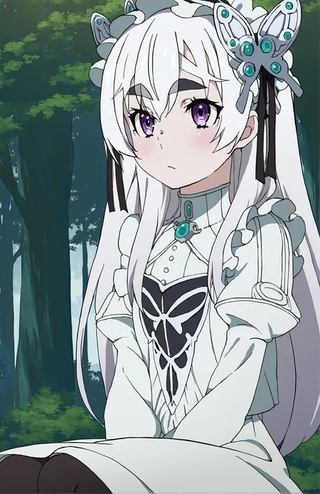 ChaikaStyle, 1girl, solo, white hair, long hair, purple eyes, thick eyebrows, butterfly hair ornament, hair ribbon, lolita_hairband, white hairband, white dress, brooch, puffy sleeves, long sleeves, sitting, black pantyhose, standing, portrait, forest