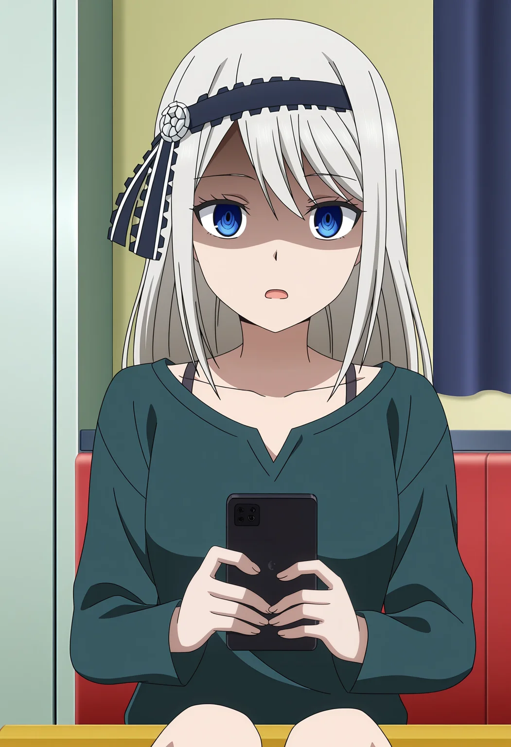 <lora:Shirogane Kei_illustrious-000010:1>,
Shirogane Kei,solo,hairband,phone,open mouth,cellphone,holding,indoors,looking at viewer,sitting,shaded face,long sleeves,smartphone,shirt,collarbone,anime coloring,anime screencap,