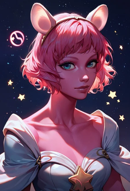 score_9, score_8_up, score_7_up, SLVTK, 1girl, solo, pink hair, short hair, upper body, animal ears, pink skin, facing viewer, dress, collarbone, star (symbol), lips, star (sky), colored skin, partially illuminated