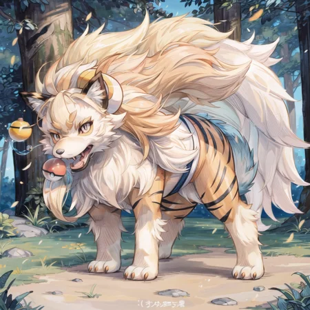 (((Arcanine, Pokmon, Animal,))), solo, single, Tiger, wolf, orange fur, fluffy, <lora:Arcanine - Pokmon:1>
(masterpiece, sidelighting, finely detailed, beautiful), <lora:add_detail:1> <lora:hairdetailer:0.2>
In forest,