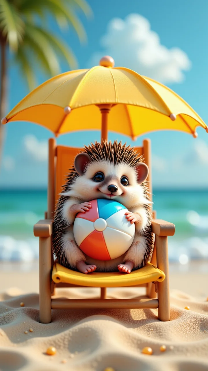 Jeddtlv3, A hedgehog curled up on a mini beach chair under a tiny umbrella, holding a toy beach ball, <lora:Flux_Detailer_v3-000007:1> ,