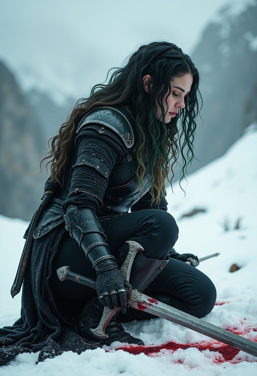 An atmospheric and powerful dark fantasy image,  classical style painting of a beautiful female warrior dressed in intricate black armor.  She crouches with her head down and her dirty black and green hair falls over her face. She holds a powerful sword. There is blood in the snow around her from a fallen enemy. Cinematic shot in a snowy mountainous region.