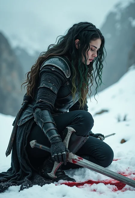 An atmospheric and powerful dark fantasy image, classical style painting of a beautiful female warrior dressed in intricate black armor. She crouches with her head down and her dirty black and green hair falls over her face. She holds a powerful sword. There is blood in the snow around her from a fallen enemy. Cinematic shot in a snowy mountainous region.