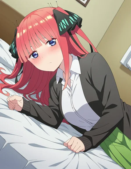 score_9, score_8_up, score_7_up, source_anime,
ninonakano, <lora:nino-nakano-s2-ponyxl-lora-nochekaiser:1>,
nino nakano, long hair, bangs, blue eyes, hair ornament, hair ribbon, pink hair, blunt bangs, two side up, butterfly hair ornament, mature female,
skirt, shirt, long sleeves, white shirt, pleated skirt, open clothes, collared shirt, sleeves past wrists, dress shirt, cardigan, green skirt, open cardigan, black cardigan,
indoors, bed, bed room, on side, blush, drunk,
looking at viewer, cowboy shot, dutch angle, solo,