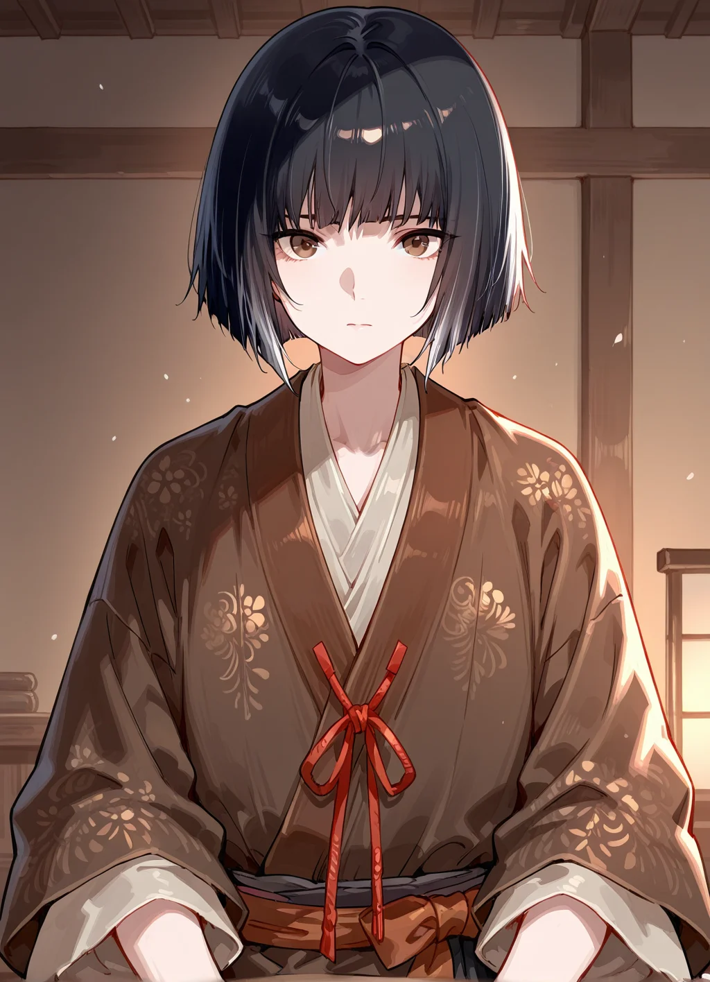 masterpiece, best quality,1boy, KuroSekiro, black hair, short hair, japanese clothes, indoors, bangs, brown eyes, upper body, looking at viewer, <lora:KuroSekiro:0.8>