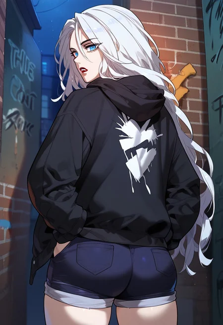 zPDXL3, score_9_up, score_8_up, score_7_up, (Anime_source), 1girl, Vampire mode, blue eyes, white hair, long hair, cowboy shot, looking at viewer, parted lips, black hoodie, hood down, hands in pockets, shorts, night, street, against wall, graffiti, from behind, looking back