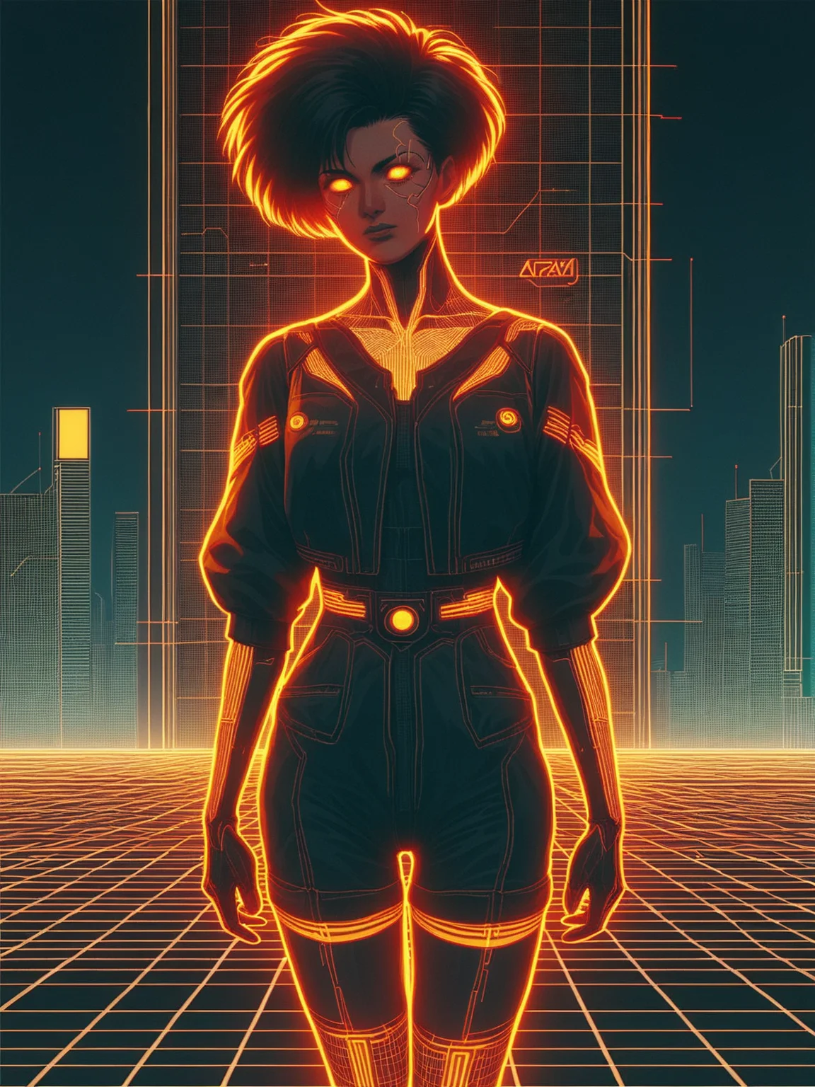 score_9, score_8_up, score_7_up, source_anime, woman, orange glowing outlines, grid, cyberpunk, 1980s, retro, scifi, city <lora:Neon_Cyberpunk_Cyberspace_Pony:0.5>