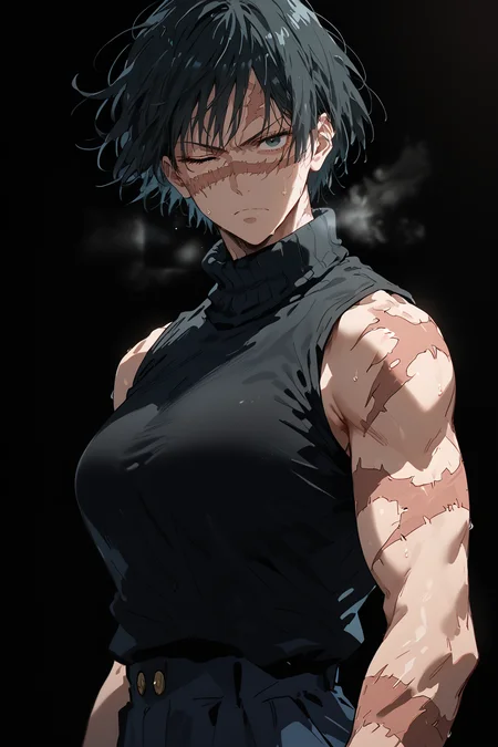 style of jujutsu kaisen,<lora:AIã¤ã©ã¹ããããã:0.4>,<lora:Anime_Screencap:0.8>,source_anime,score_9,score_8_up,score_7_up,score_6_up,dark theme,dark background,looking at viewer,sideways glance,black background,
1girl,solo,<lora:age_slider_v4:1.2>,tomboy,tall female,black hair,short hair,bangs,black eyes,pale skin,petite,toned,large breasts,angry,sweat,from side,scar on face,scar across eye,standing,head tilt,clenched hands,steam,sleeveless,scar,scar on arm,burn scar,black turtleneck sweater,black pants,one eye closed,<lora:Burn_Scar_Lora:0.6>,