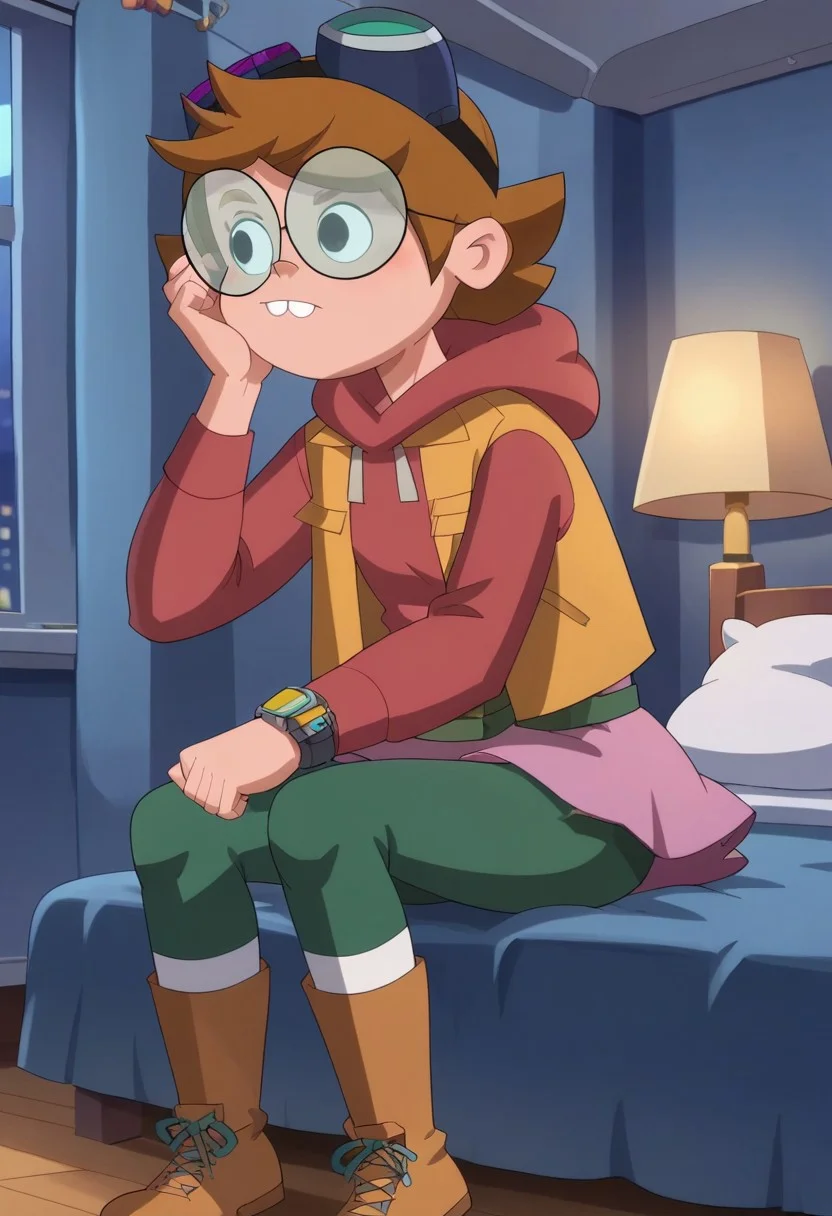 score_8, score_8_up, score_7_up, 1girl, female focus, solo, Ridley_GT, Light-toned skin, black eyes, Glasses, goggles over the head, short hair, light brown hair, light brown eyesbrows, Light red hoodie, beige jacket over it, green pants, pink skirt over it, white socks, brown boots, bracelet, watch on the wrist, dark green fanny pack, full body, indoors, bed, bedroom, nightstand, lamp, window