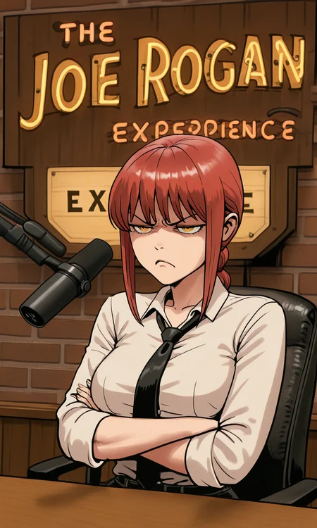 embedding:IllusP0s, the joerog an experience, sign, microphone, desk, wall, 1girl, makima, annoyed, arms crossed, white shirt, black tie, f3rn4nd0,<lora:Style_soph-Fernando-ILXL.safetensors:1.0:1.0> <lora:the joerog an experience_illustrious.safetensors:1.0:1.0>