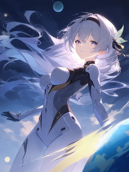 illustration, incredibly absurdres, ultra detailed, masterpiece, best quality, perfect features, intricate details, ray tracing, very aesthetic, (hitenkei, askzy:0.4), <lora:XL-aesthetic_anime:1:hr=0.1>, <lora:XL-detailed_notrigger:1:hr=0.5>, <lora:Char-HonkaiSR-Firefly-V4-SDXL:0.9>, 1girl, firefly \(honkai: star rail\), solo, hairband, hair ribbon, plugsuit, flying, midair, cowboy shot, expressionless, looking at viewer, night, floating hair, planet, dreaming, cloud, backlighting, depth of field