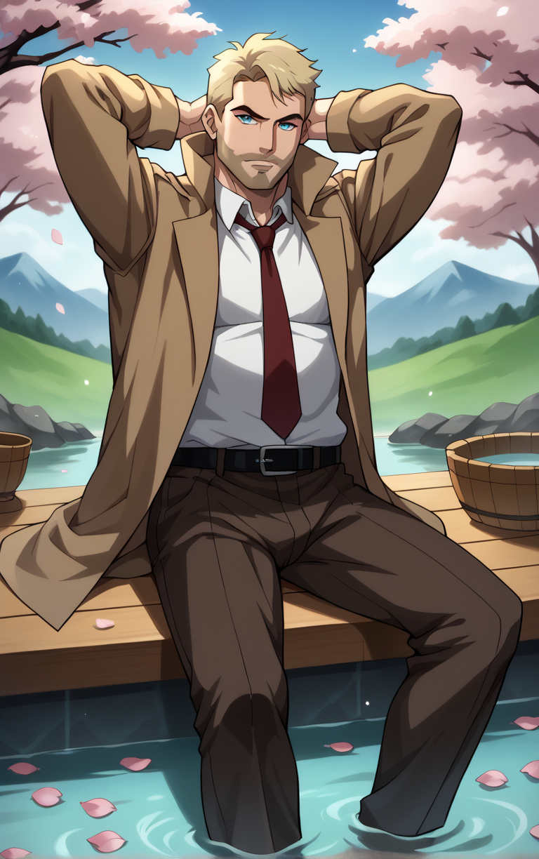 score_9, score_8_up, score_7_up, looking at viewer,  BREAK
DCAU_JL_JohnConstantine_ownwaifu, 
1boy, blonde hair, blue eyes, male focus, short hair, facial hair, mustache, 
red necktie, trench coat, white shirt, collared shirt, open coat, brown coat, belt, pants, coat, long sleeves, beard, brown jacket, formal, brown pants, popped collar, black belt, long coat
(sitting, soaking feet, arms behind head), onsen, mount fuji, cherry blossoms, falling petals, spring_(season), outdoors,<lora:PONYXL_DCAU_JL_JohnConstantine_ownwaifu:0.7>, depth of field, solo, Interesting Image, Captivating Image,