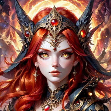 a witch with bright red hair, golden eyes, wearing a intricate headpiece