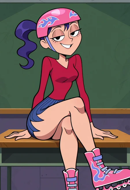 Mrcia_Ws, 1 girl, solo, pink helmet, ponytail,, purple hair, red long sleeve shirt, blue skirt, short skirt, pink roller skates, sitting on desk, smiling, looking at viewer, crossed legs, sexy, teasing, seductive, teasing, flirting,