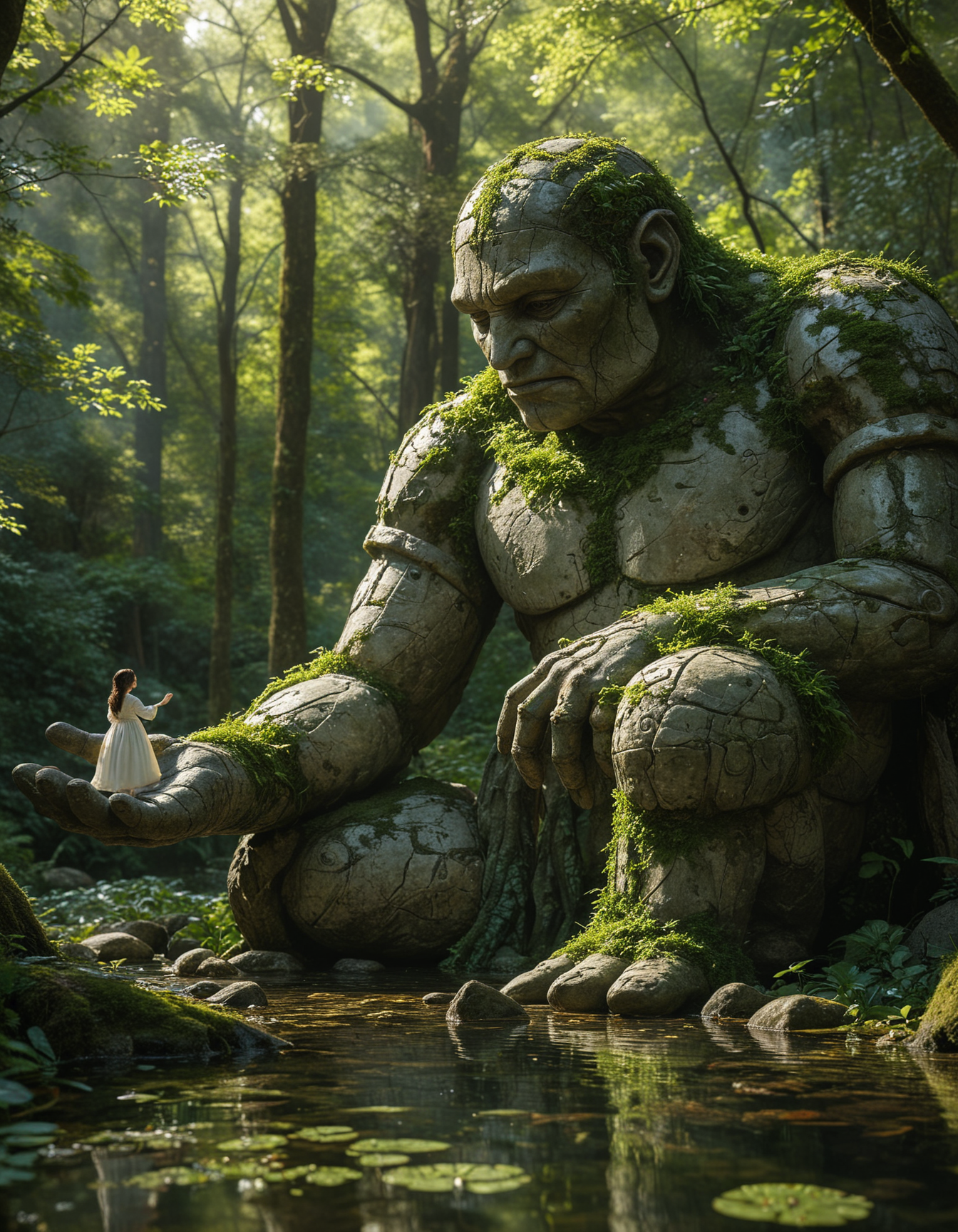 In a lush verdant forest, a colossal stone golem sits peacefully by a serene pond, The golem covered in intricate carvings and patches of moss, gently holds a small figure dressed in a simple white dress in his hand, The figure sits comfortably in the golem's massive hand, extending her own hand to touch golem's finger, The scene exudes a sense of harmony and friendship between the ancient powerful creature and the innocent figure. Sunlight filters through the dense canopy above, casting dappled light and shadows, tranquil atmosphere, the surrounding foliage is rich and vibrant, blooming flowers and a crystal-clear reflection of the golem and figure in the pond's still waters, <lora:MJ52:0.4>, <lora:add-detail-xl:1>