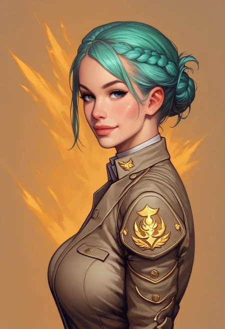 ((((side view))))
beautiful color, aesthetic, 2d,
(zeon pilot:1.3), ((khaki suit)), 
solo, standing, (battleground, explosions:1.5)
1girl, cute face, modest smile
((turquoise hair, folded in french braid, long side bang hairstyles)), 	
big natural breasts, 
focused, looking at viewer,
(((full-clothed))), dynamic pose
BREAK 
score_9, score_8_up, score_7_up, score_6_up, source_cartoon, rating_explicit, Expressiveh, (((((upper body))))), dynamic pose