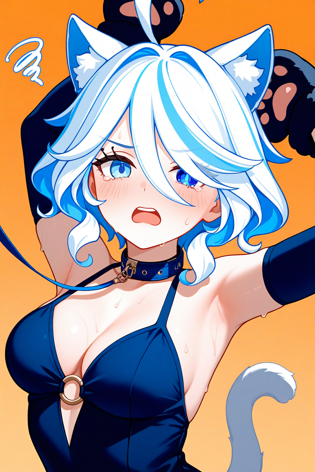 furina \(genshin impact\), 1girl, ahoge, animal ear fluff, animal hands, aqua eyes, armpits, arms up, bare shoulders, blue eyes, blue hair, blush, breasts, cleavage, collar, gloves, gradient background, grey hair, hair over one eye, heterochromia, leash, looking at viewer, medium breasts, multicolored hair, o-ring, open mouth, orange background, paw gloves, pom pom \(clothes\), short hair, solo, squiggle, sweat, tail, tearing up, tears, teeth, two-tone hair, upper body, upper teeth only, v-shaped eyebrows, masterpiece, best quality, amazing quality, very aesthetic, absurdres
