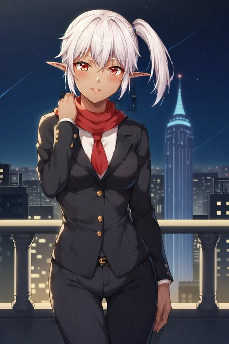 score_9, score_8_up, score_7_up, source_anime, prefect lighting, very aesthetic, intricate details, highly detailed background, masterpiece, high quality, prefect hands, best quality, solo, 1girl,
<lora:Kirie_Isekai_Yarisaa_V1-000007:.85>, elf, pointy ears, white hair, red eyes, dark skin, hair between eyes, side ponytail,
black suit, black pants, red necktie,
standing, hand on elbow, smile, parted lips, heavy blush,
city, cityscape, skyline, city lights, night, night sky, star \(sky\), tall buildings, skyscrapers, city road,
(Beautiful, medium Breasts:1.2), natural breasts,