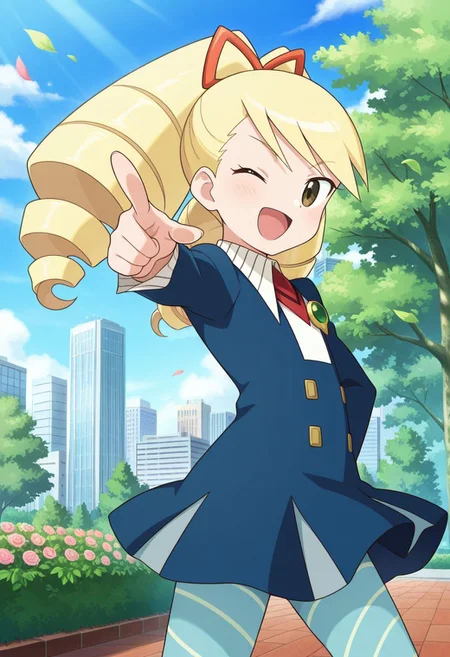 source_anime, very aesthetic, anime coloring, masterpiece, official art,
best quality, amazing quality, ultra detailed, very aesthetic,
detailed background,
BREAK,
cityscape, park, trees, flowers, floating leafs,
open smile, one eye closed, pointing at viewer,
cowboy shot, dynamic angle, from behind,
looking at viewer,
BREAK,
<lora:luna_illustrious_v02:0.99>
lunaexe, blonde hair, blue dress, stripped pantyhose, blue legwear, blue pantyhose, brown eyes, drill hair, twintails, blue footwear, long sleeves, white collar,