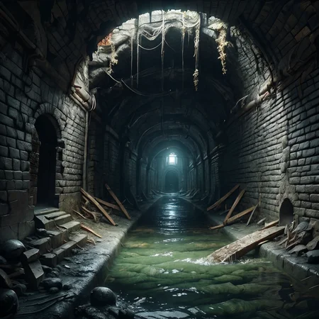 RAW photo, (masterpiece:1.3), subsurface scattering, heavy shadow, (high quality:1.4), (intricate, high detail:1.2), professional photography, HDR, High Dynamic Range, realistic, ultra realistic, photorealistic, high resolution, film photography, ambient lighting, atmospheric effects, <lora:detail_slider_v4:2.5>, OverallDetail,  <lora:Sewers:1>, sewers, dark, medieval fantasy sewer, ladder, water,