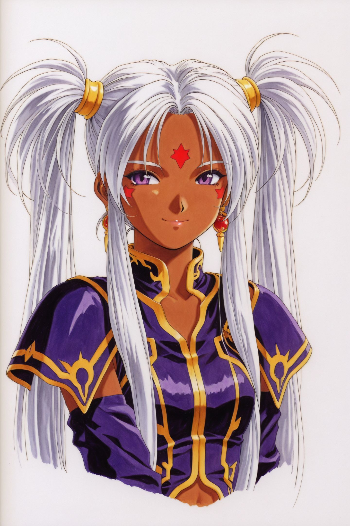 Hild,1girl,solo,forehead mark,facial mark,white hair,1990s \(style\),long hair,twintails,retro artstyle,jewelry,smile,white background,purple eyes,earrings,dark skin,simple background,traditional media,
<lora:Ah! My Goddess_illustriousXL:1>,
