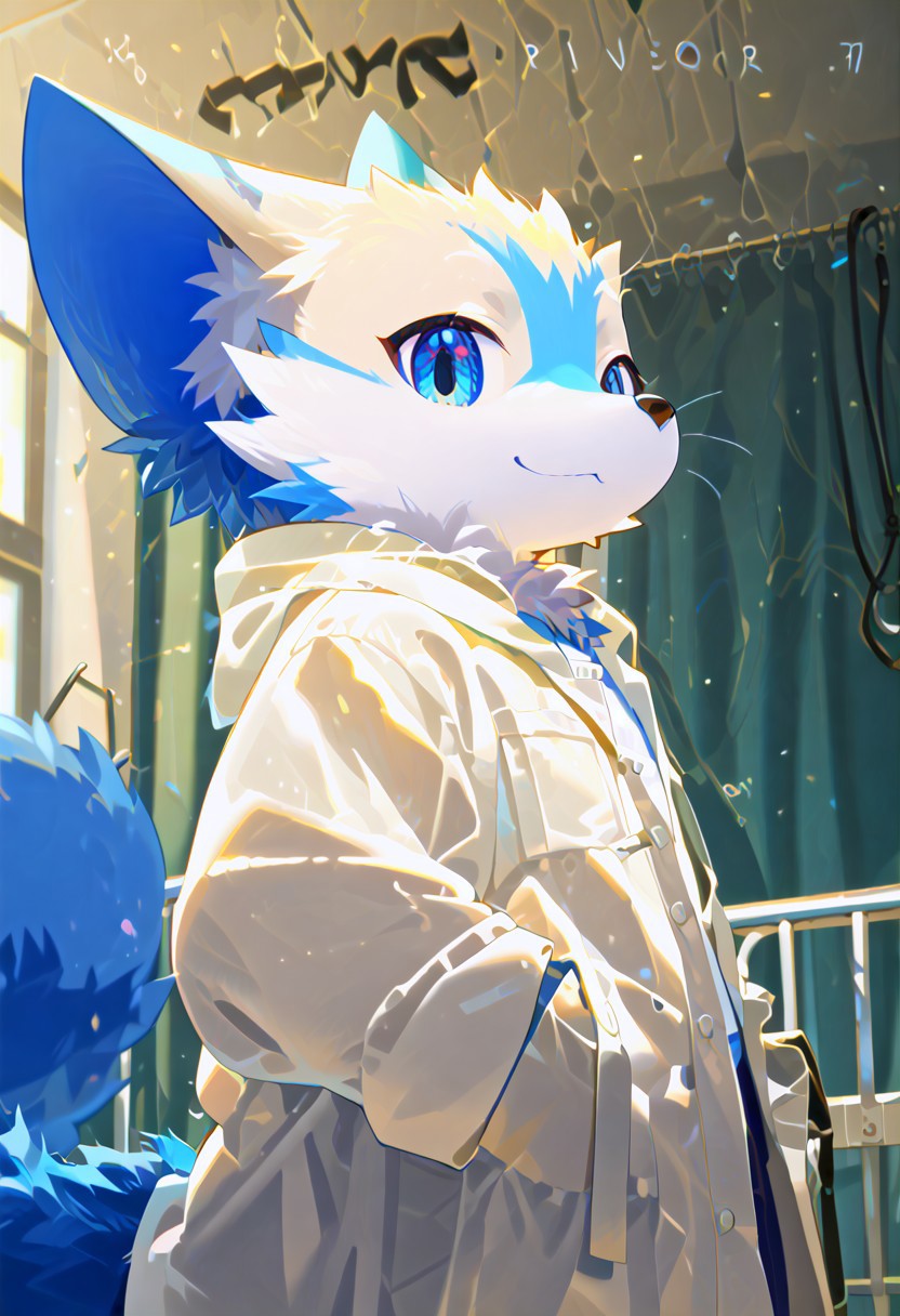 levelonerubili, zuppu11, animal, blue eyes, blue fox, (bdr), furry, furry male, no humans, hospital, score_9, score_8_up, score_7_up, zPDXL3, looking at viewer, solo, cute, white doctor shirt