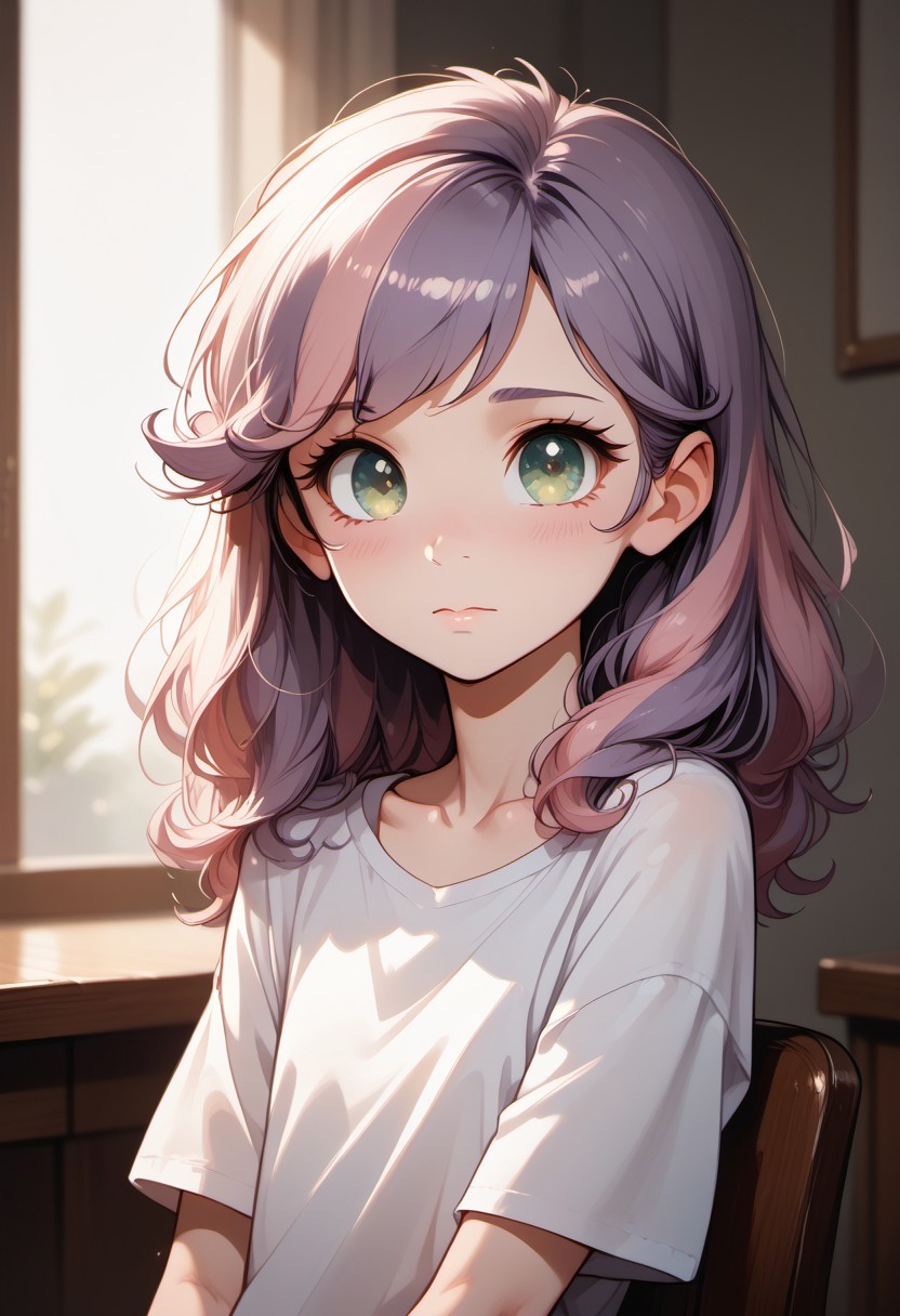 rating_questionable, score_9, score_8_up, score_7_up, human, ponified color, cute girl, solo, sweetie belle, skinny, flat chest, hoody, blush, soft skin, big beautiful eyes, indoor, embarrassed, illustration, CG, shiny hair, clear skin, ultra-detailed-eyes, eyelashes, detailed, MegaFluffyPony, fluffy