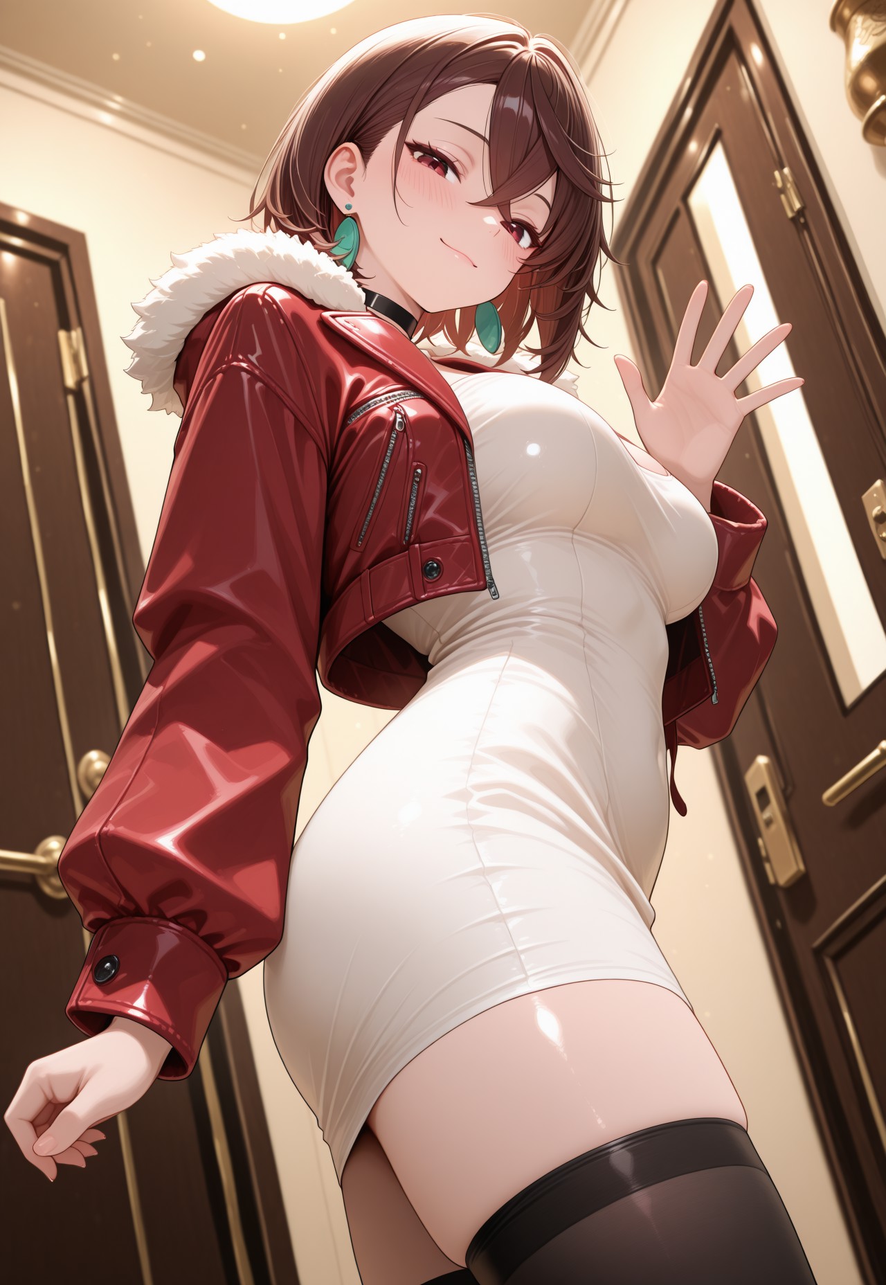 masterpiece, amazing quality, highres, masterpiece, detailed background, volumetric lighting, Fixhand, detailed, (side view, from below, ),(looking at viewer, seductive smiles),standing, wearing clothes, preparing to leave, waving goodbye, light smile, 1girl, hetero, blushing, love hotel, door, ajar, night, j4cket, cropped jacket, red jacket, black choker, white dress, red details, short dress, fur trimmed jacket sleeves, long sleeves, black thighhighs, open jacket, ayasemomo, red eyes brown hair, short hair, hair between eyes, crossed bangs, black choker, earrings,red eyes brown eyes, depth of field, cinematic lighting, from side, soft lighting, cowboy shot, dutch angle, best quality, best quality