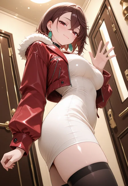 masterpiece, amazing quality, highres, masterpiece, detailed background, volumetric lighting, Fixhand, detailed, (side view, from below, ),(looking at viewer, seductive smiles),standing, wearing clothes, preparing to leave, waving goodbye, light smile, 1girl, hetero, blushing, love hotel, door, ajar, night, j4cket, cropped jacket, red jacket, black choker, white dress, red details, short dress, fur trimmed jacket sleeves, long sleeves, black thighhighs, open jacket, ayasemomo, red eyes brown hair, short hair, hair between eyes, crossed bangs, black choker, earrings,red eyes brown eyes, depth of field, cinematic lighting, from side, soft lighting, cowboy shot, dutch angle, best quality, best quality