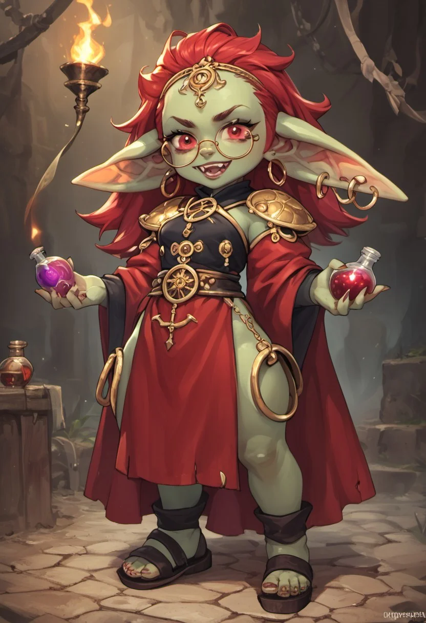 goblin, 1girl, green skin, long red hair, glowing red eyes, earrings <lora:Goblin-000011:1>, full body, score_9, score_8_up, score_7_up, score_6_up, g0blin,green skin,red eyes, female, alchemist bomber, crazy alchemist cartoon bombs, alchemist googles glasses, pathfinder portrait, potions, potion belt, red robes, golden ornaments, jewellry, piercings, evil villainscore_9, score_8_up, score_7_up, score_6_up, score_5_up, score_4_up, BREAK