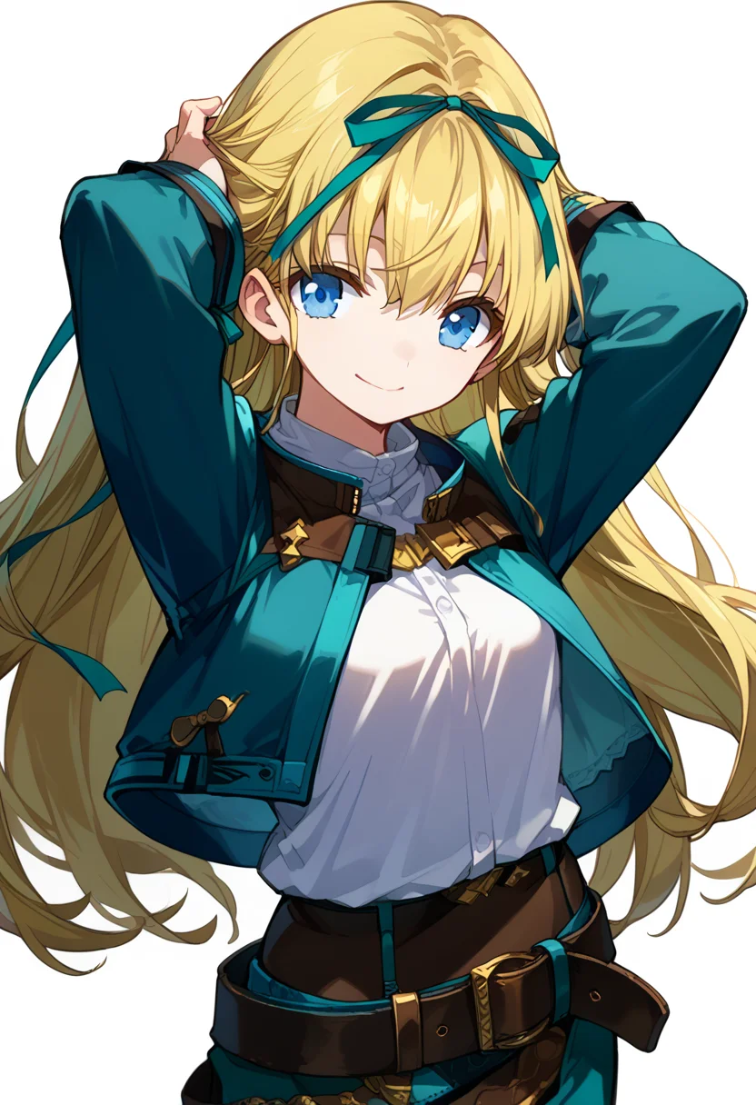 score_9, score_8_up, score_7_up, source anime, noa, 1girl, solo, blonde hair, blue eyes, long hair, smile, ribbon, belt, hair ribbon, cropped jacket, white shirt, hair intakes, adjusting hair, arms behind head, white background, <lora:noa_rance-xl-pony-v2:1>,