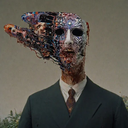 His head has exploded in psychedelic blood into three faces each phantom of the Opera an enigmatic vision, attached to his neck by a long filament of writhing static where his face once was