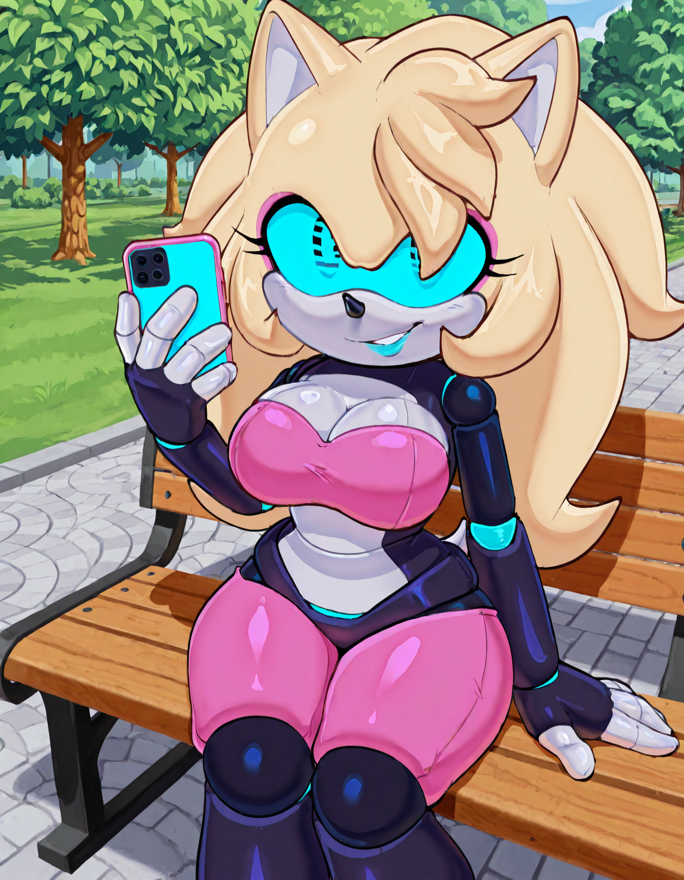 masterpiece, best quality, amazing quality, very aesthetic, absurdres, solo, sonic (series), rebel, rebel the hedgebot, robot girl, joints, blue sclera, pink plating, smirk, selfie, sitting on bench, park   <lora:Rebel_IL_NS:0.95>