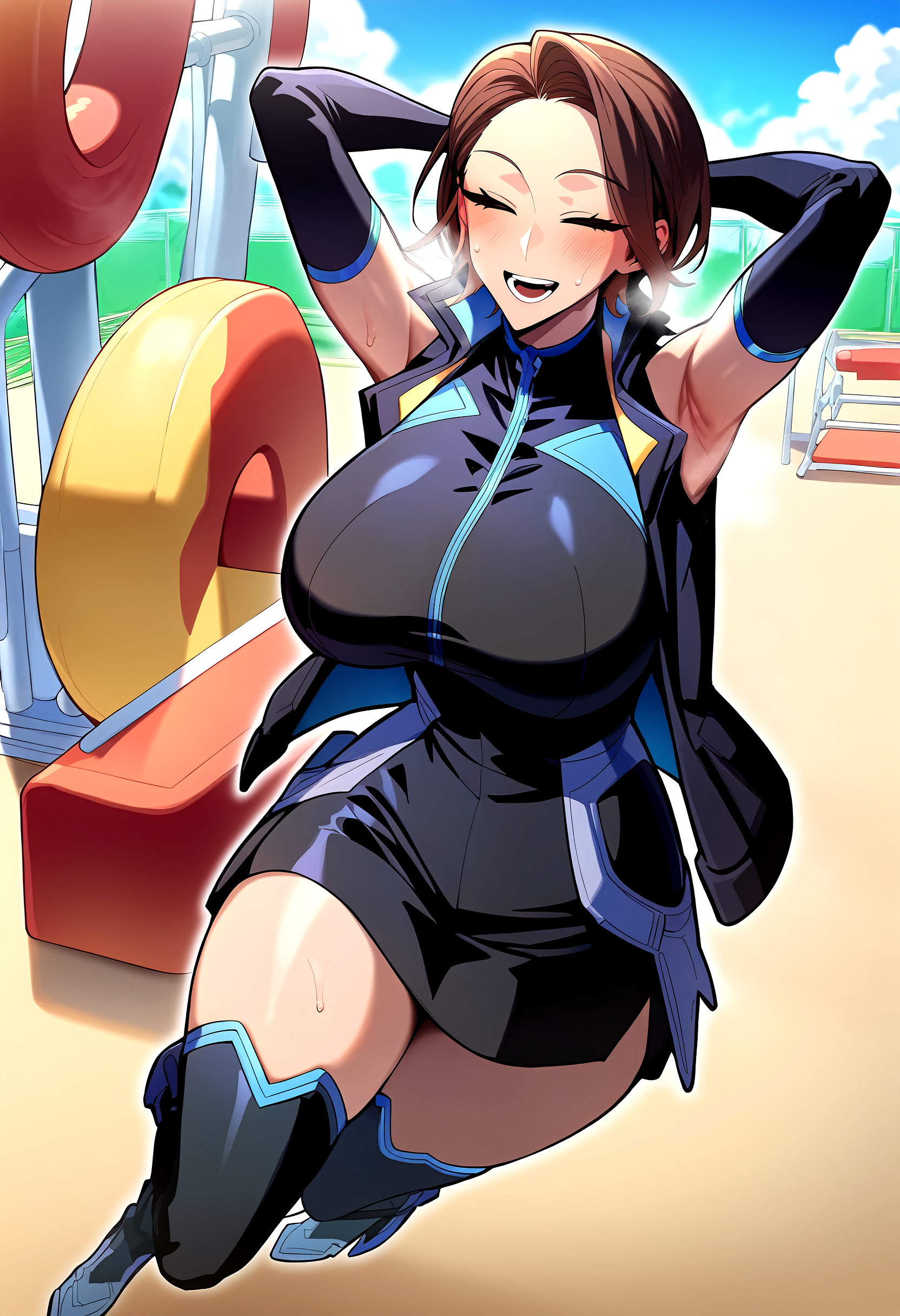 score_9, score_8_up, score_7_up, score_6_up, source_anime, rating_explicit, <lora:neg4all_bdsqlsz_V3.5:2.0>1girl, solo, huge breasts, <lora:Baek Hayeonponyxl:1> brown hair, short hair, closed eyes, sleeveless jacket, black jacket, elbow gloves, boots, black gloves, thighhighs, smile, open mouth, Narrow shoulders, heavy breathing, sweat, steaming body, playground, outdoor, looking at viewer, jumping, armpits