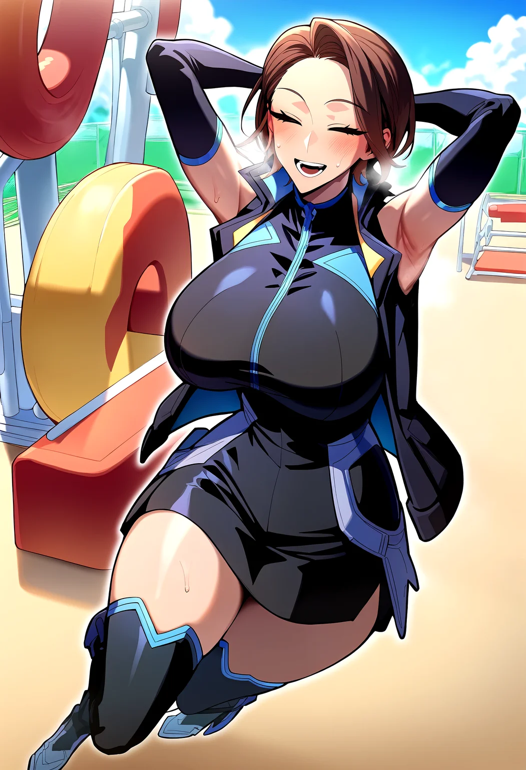 score_9, score_8_up, score_7_up, score_6_up, source_anime, rating_explicit, <lora:neg4all_bdsqlsz_V3.5:2.0>1girl, solo, huge breasts, <lora:Baek Hayeonponyxl:1> brown hair, short hair, closed eyes, sleeveless jacket, black jacket, elbow gloves, boots, black gloves, thighhighs, smile, open mouth, Narrow shoulders, heavy breathing, sweat, steaming body, playground, outdoor, looking at viewer, jumping, armpits