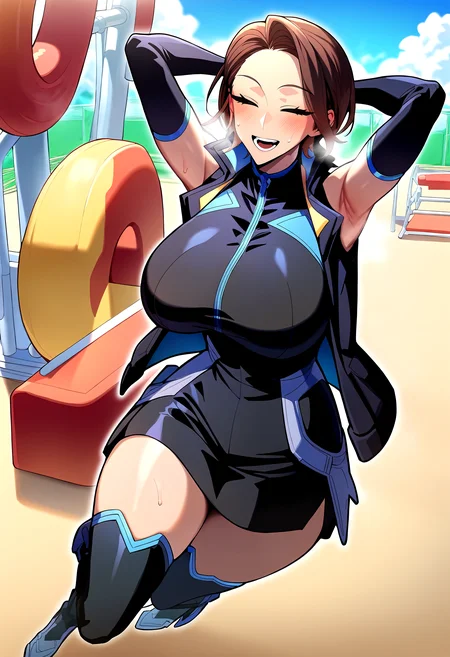 score_9, score_8_up, score_7_up, score_6_up, source_anime, rating_explicit, <lora:neg4all_bdsqlsz_V3.5:2.0>1girl, solo, huge breasts, <lora:Baek Hayeonponyxl:1> brown hair, short hair, closed eyes, sleeveless jacket, black jacket, elbow gloves, boots, black gloves, thighhighs, smile, open mouth, Narrow shoulders, heavy breathing, sweat, steaming body, playground, outdoor, looking at viewer, jumping, armpits