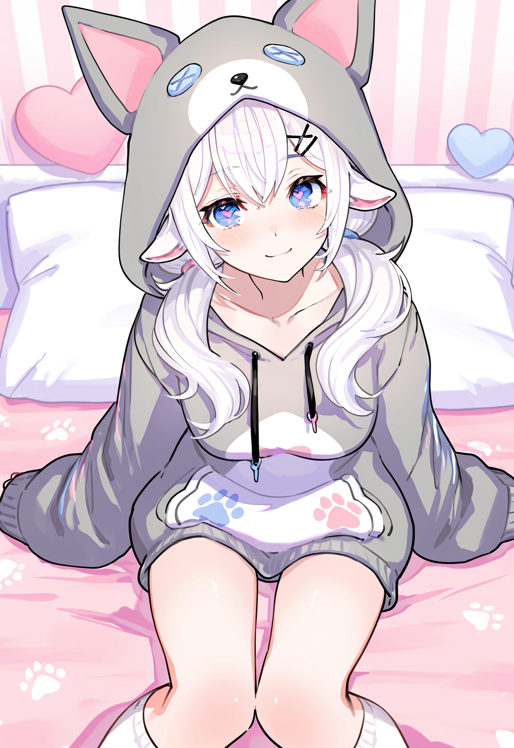 masterpiece, best quality, very aesthetic, DollieHitsujida,   artist:[nobusawa osamu|yoneyama mai|fuzichoco|mika pikazo], white hair, long hair,  sheep ears, blue eyes, heart shaped pupils, 1girl, solo,  x hair ornament,
WolfOutfit,  animal hoodie, light gray hoodie, paw prints, bare legs, white knee socks, sitting on bed, smile, blush
 <lora:noobai_vpred_1_masterpieces_v23:1>  <lora:DollieHitsujidav2EPOCH15:0.8>   <lora:9_EnchantingEyes:0.6>
