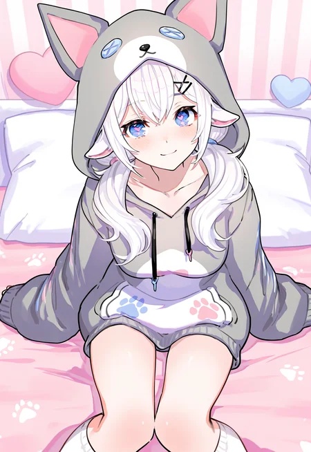 masterpiece, best quality, very aesthetic, DollieHitsujida,   artist:[nobusawa osamu|yoneyama mai|fuzichoco|mika pikazo], white hair, long hair,  sheep ears, blue eyes, heart shaped pupils, 1girl, solo,  x hair ornament,
WolfOutfit,  animal hoodie, light gray hoodie, paw prints, bare legs, white knee socks, sitting on bed, smile, blush
 <lora:noobai_vpred_1_masterpieces_v23:1>  <lora:DollieHitsujidav2EPOCH15:0.8>   <lora:9_EnchantingEyes:0.6>