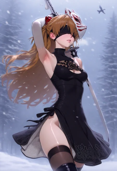 masterpiece, best quality, good quality, very awa, lucifel99_type1,
1girl, souryuu asuka langley, brown hair, 2b \(nier:automata\) \(cosplay\), 2b \(nier:automata\), 1girl, animal on weapon, armpits, bird, bird on weapon, black blindfold, black dress, black footwear, black thighhighs, blindfold, breasts, dress, forest, fox mask, gloves, grey hair, holding, holding sword, holding weapon, katana, lips, mask, mask on head, nature, sleeveless, sleeveless dress, snow, snowing, solo, sword, tassel, thighhighs, thighs, tree, weapon, white gloves, cowboy shot,
<lora:ai_styles_collection_noob_eps-1.1_v3.1:1>
