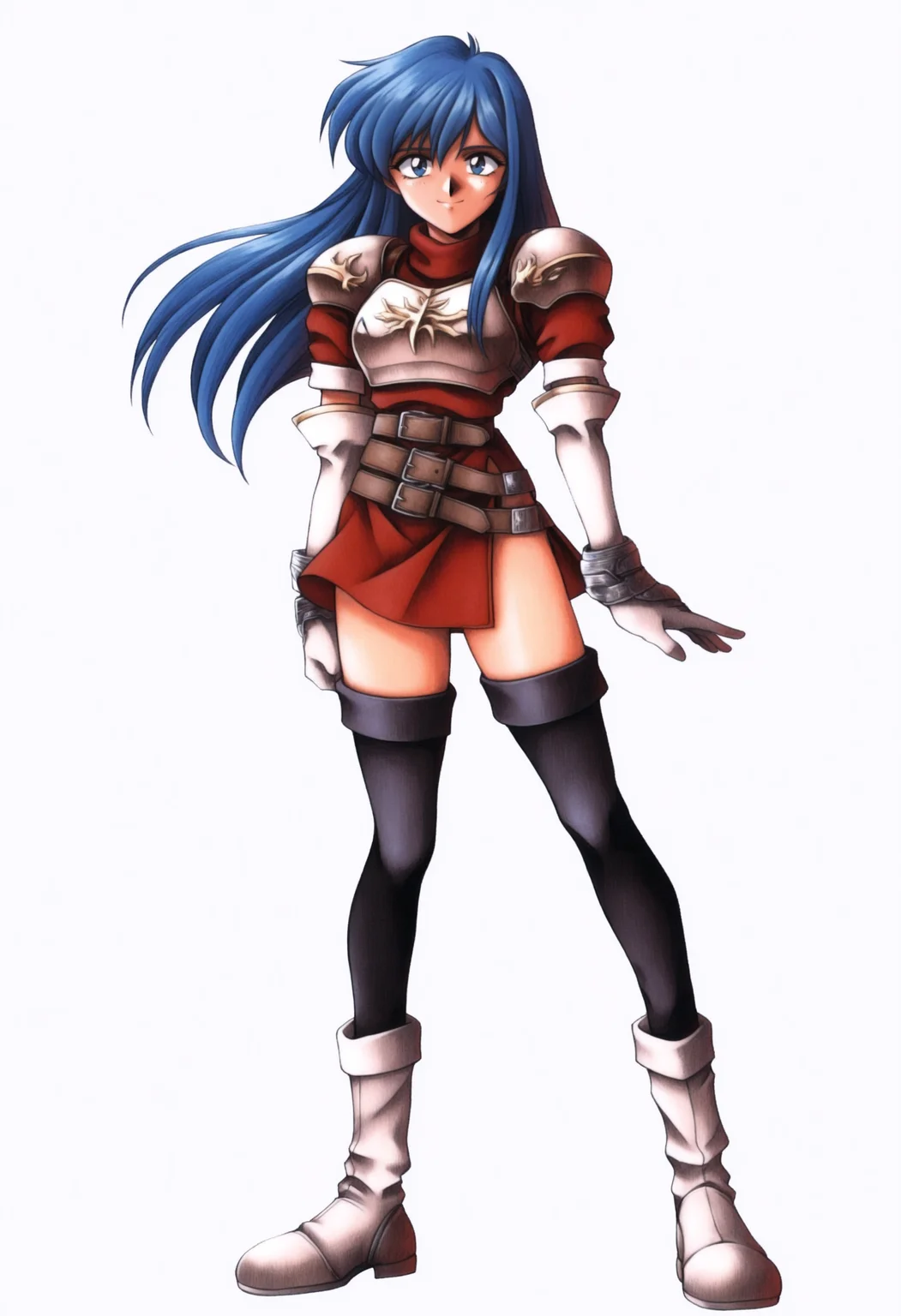 masterpiece, best quality, solo, 1girl, smile, looking at viewer, <lora:FF7-Offical-Art-illus_Fp:1>, 1990s \(style\), simple background, white background, full body, standing, <lora:caeda-fe-richy-v1_ixl:1>, caedadef, blue eyes, blue hair, long hair, bangs, turtleneck, red shirt, shoulder armor, pauldrons, breastplate, multiple belts, brown belt, white gloves, elbow gloves, red skirt, black thighhighs, white boots